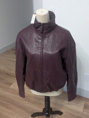 Max Studio Burgundy Leather Bomber Jacket